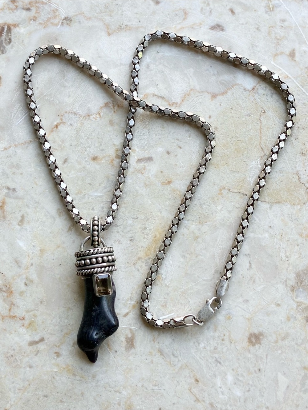 Sterling Silver Cornicello Protective Amulet Necklace Smokey Quartz, Black Stone